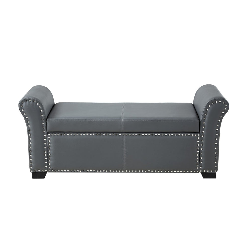 HomeRoots 20" Modern Gray and Black Faux Leather Storage Bench with Flip-Top, Padded Seating & Rolled Arms 530668