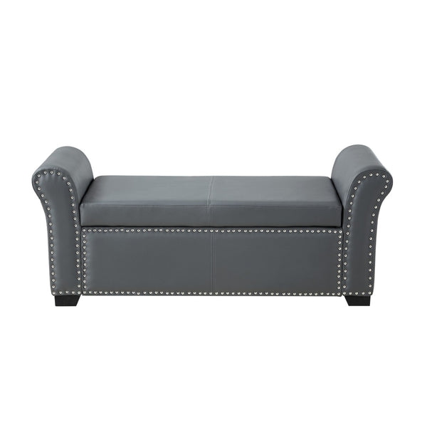 HomeRoots 20" Modern Gray and Black Faux Leather Storage Bench with Flip-Top, Padded Seating & Rolled Arms 530668