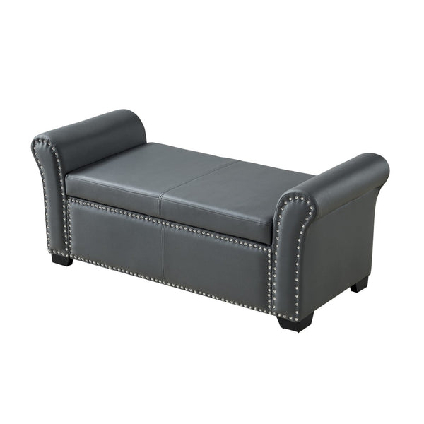 HomeRoots 20" Modern Gray and Black Faux Leather Storage Bench with Flip-Top, Padded Seating & Rolled Arms 530668