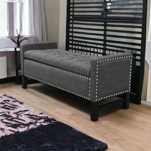 Homeroots 50" Dark Slate Gray And Black Upholstered Linen Bench With Flip Top, Shoe Storage Dark Grey,Linen Linen 530674