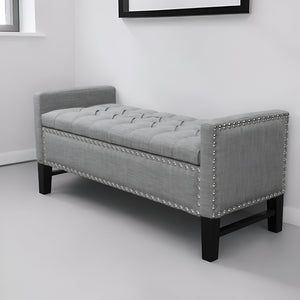 Homeroots 50" Light Gray And Black Upholstered Linen Bench With Flip Top Light Grey,Linen Linen 530675