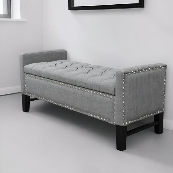 Homeroots 50" Light Gray And Black Upholstered Linen Bench With Flip Top Light Grey,Linen Linen 530675