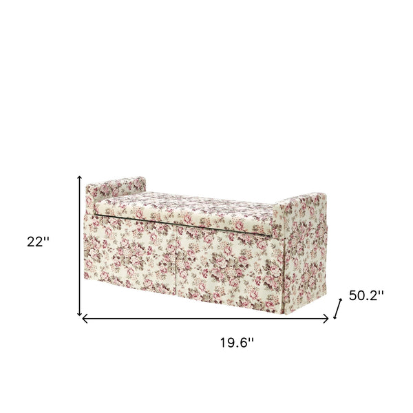 Homeroots 20" White And Red Linen Upholstered Floral Storage Bench With Shoe Storage Cluster Red Linen 530676