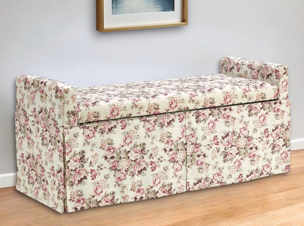 Homeroots 20" White And Red Linen Upholstered Floral Storage Bench With Shoe Storage Cluster Red Linen 530676