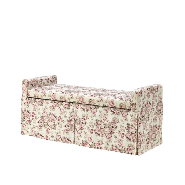 Homeroots 20" White And Red Linen Upholstered Floral Storage Bench With Shoe Storage Cluster Red Linen 530676