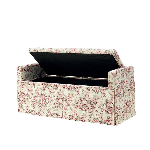 Homeroots 20" White And Red Linen Upholstered Floral Storage Bench With Shoe Storage Cluster Red Linen 530676