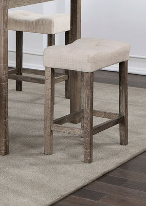 English Elm Transitional 5pc Counter Height Dining Set – Gray Farmhouse Table with 4 Beige Linen-Like Tufted Stools B011P230005