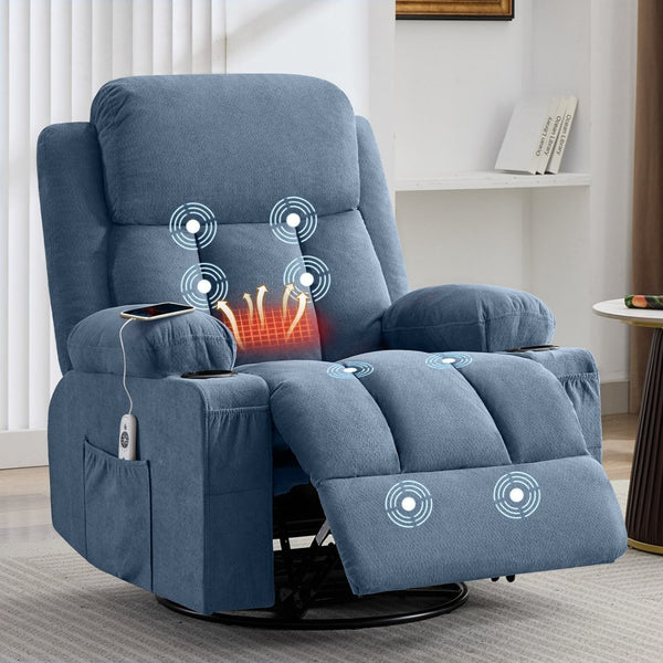 English Elm Swivel Rocker Recliner with Massage Heat and Usb Port for Living Room Comfort W1521P429648