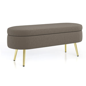 English Elm Ottoman Oval Flannel Storage Bench with Matte Metal Legs for Bedroom or Living Room Brown W487P438631