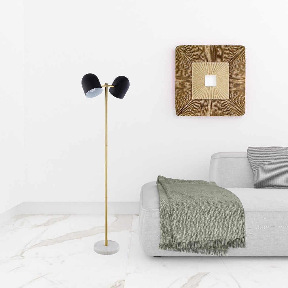 Homeroots 58" Black And Gold Two Light Floor Lamp With Black Bell Shade Black Metal 530707