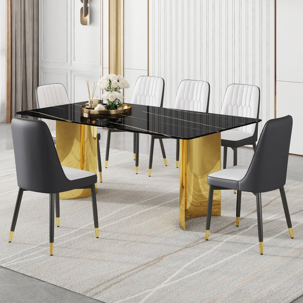 English Elm Table And Chair Set - Elegant Glass Top With Imitation Marble & Gold Legs, 6 Stylish Pu Dining Chairs W1151S04338-GIGA
