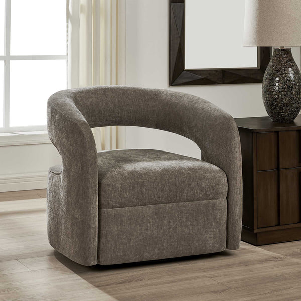 Uttermost Breis Sculptural Barrel Swivel Chair in Crosshatched Taupe Velvet Upholstery
