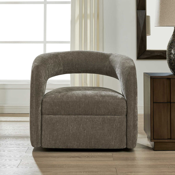 Uttermost Breis Sculptural Barrel Swivel Chair in Crosshatched Taupe Velvet Upholstery