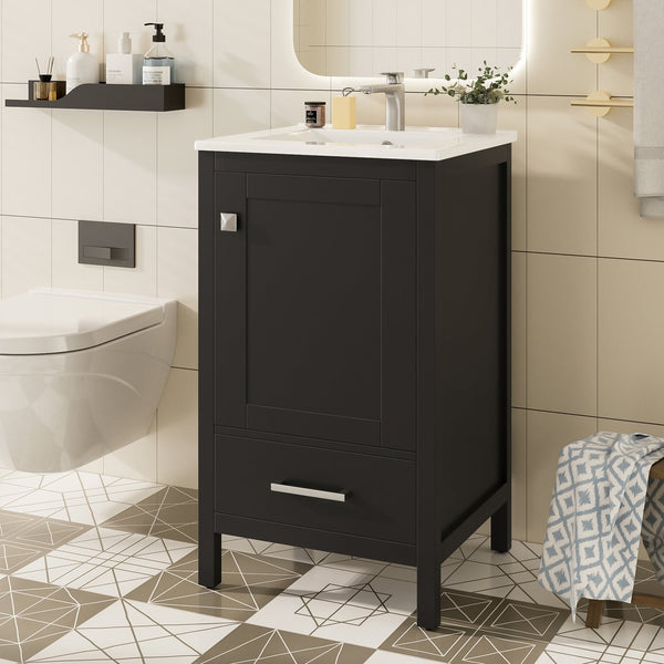 English Elm 20-Inch Compact Bathroom Vanity with Ceramic Sink, Soft-Close Storage, Divider Drawer & Easy Plumbing Access Black N729P334847B