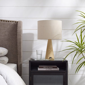 Homeroots 20" Beige Solid Wood Usb Table Lamp With Beige Drum Shade Beige  530946