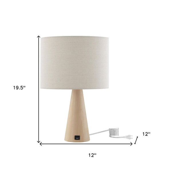 Homeroots 20" Beige Solid Wood Usb Table Lamp With Beige Drum Shade Beige  530946