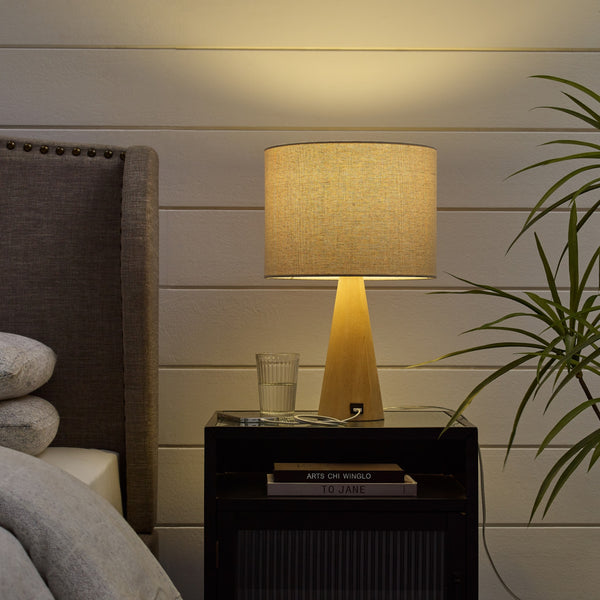 Homeroots 20" Beige Solid Wood Usb Table Lamp With Beige Drum Shade Beige  530946