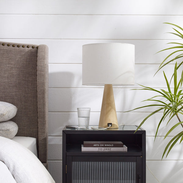 Homeroots 20" White Solid Wood Usb Table Lamp With White Drum Shade White  530948