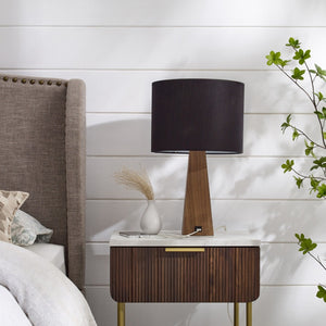 HomeRoots 20" Solid Wood USB Table Lamp with Stylish Drum Shade for Modern Homes and Convenient Charging Black 530950