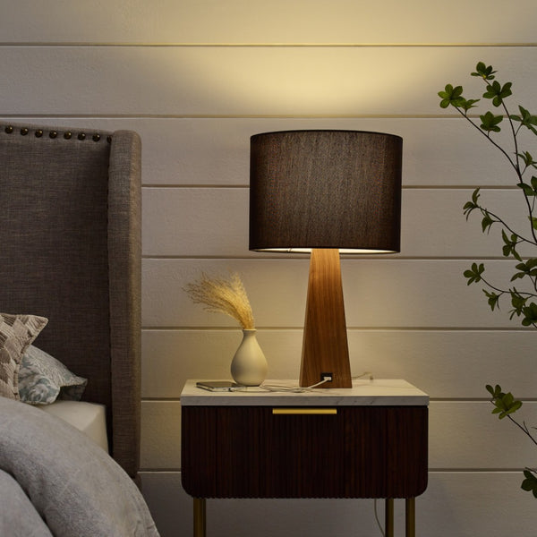 HomeRoots 20" Solid Wood USB Table Lamp with Stylish Drum Shade for Modern Homes and Convenient Charging Black 530950
