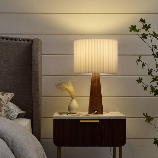 HomeRoots 20" Solid Wood USB Table Lamp with Stylish Drum Shade for Modern Homes and Convenient Charging Ivory 530951