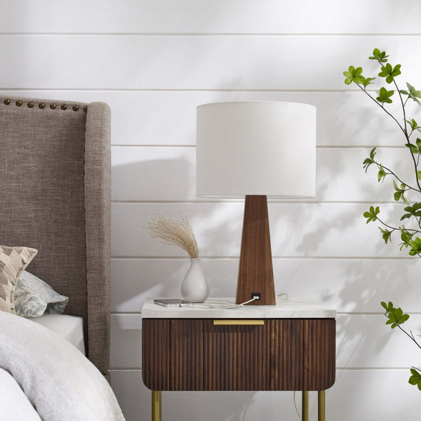 HomeRoots 20" Solid Wood USB Table Lamp with Stylish Drum Shade for Modern Homes and Convenient Charging White 530952