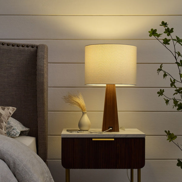HomeRoots 20" Solid Wood USB Table Lamp with Stylish Drum Shade for Modern Homes and Convenient Charging White 530952
