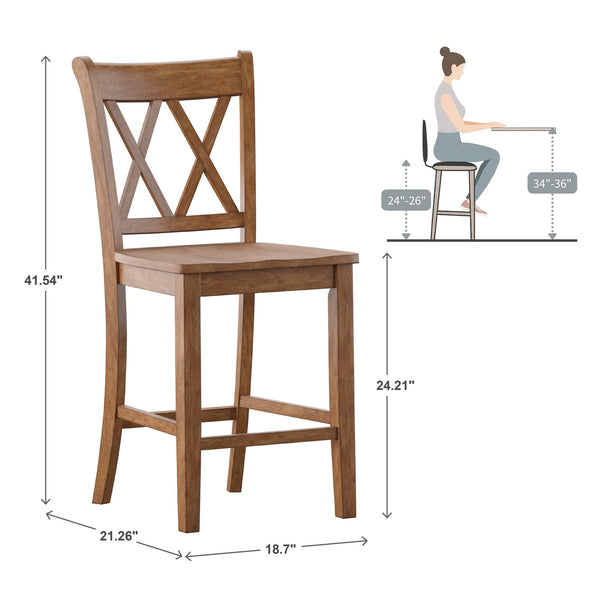 Lea Solid Rubberwood Counter Stools Set of 2 with X-cross Back Farmhouse Style