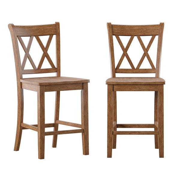 Lea Solid Rubberwood Counter Stools Set of 2 with X-cross Back Farmhouse Style