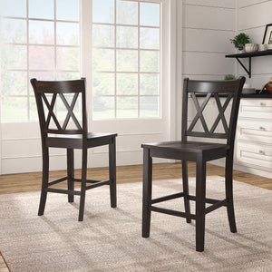 Lea Solid Rubberwood Counter Stools Set of 2 with X-cross Back Farmhouse Style