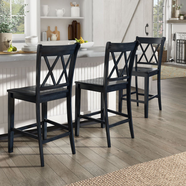 Lea Solid Rubberwood Counter Stools Set of 2 with X-cross Back Farmhouse Style