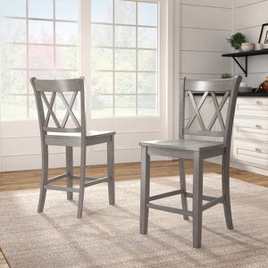 Lea Solid Rubberwood Counter Stools Set of 2 with X-cross Back Farmhouse Style