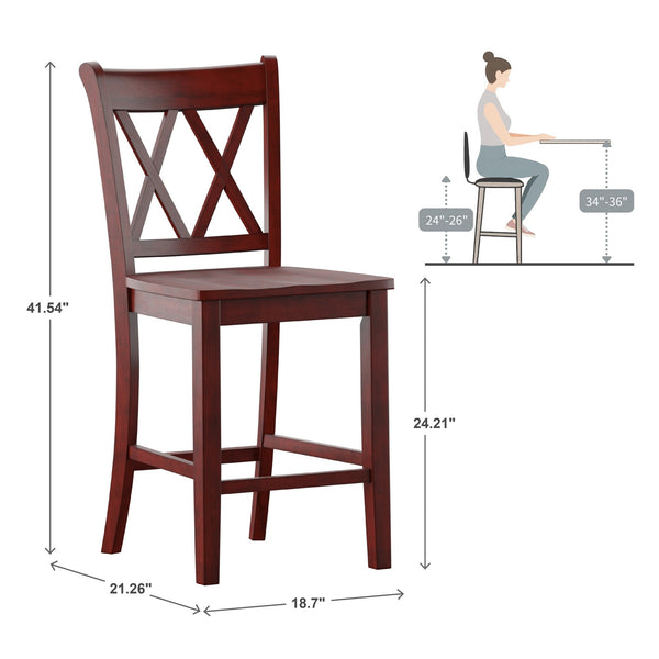 Lea Solid Rubberwood Counter Stools Set of 2 with X-cross Back Farmhouse Style