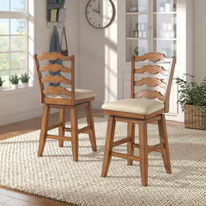 Lea Ladder Back Swivel Counterstool with Cushioned Seat and Rubberwood Frame