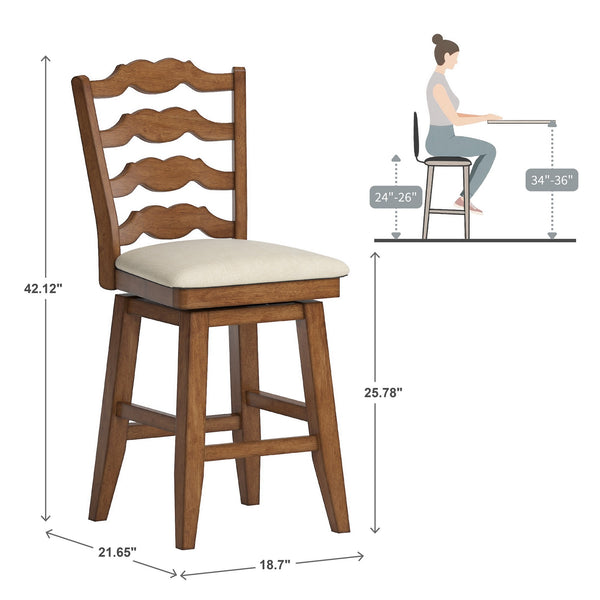 Lea Ladder Back Swivel Counterstool with Cushioned Seat and Rubberwood Frame
