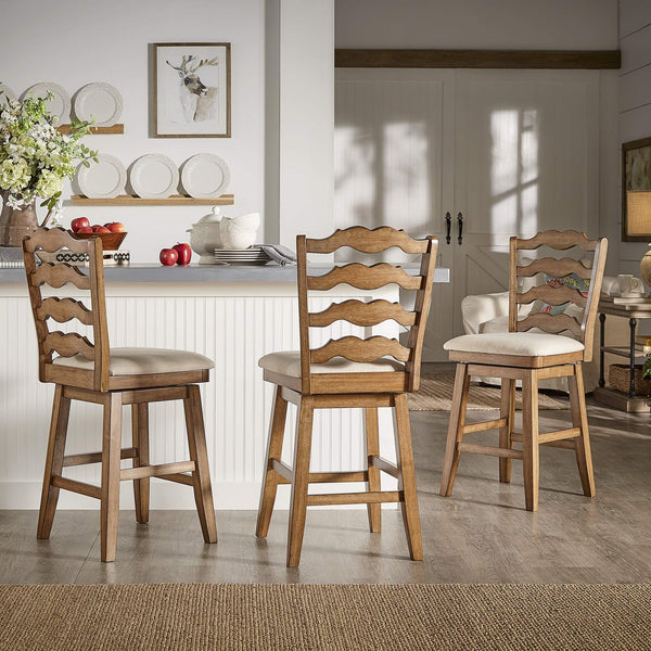 Lea Ladder Back Swivel Counterstool with Cushioned Seat and Rubberwood Frame