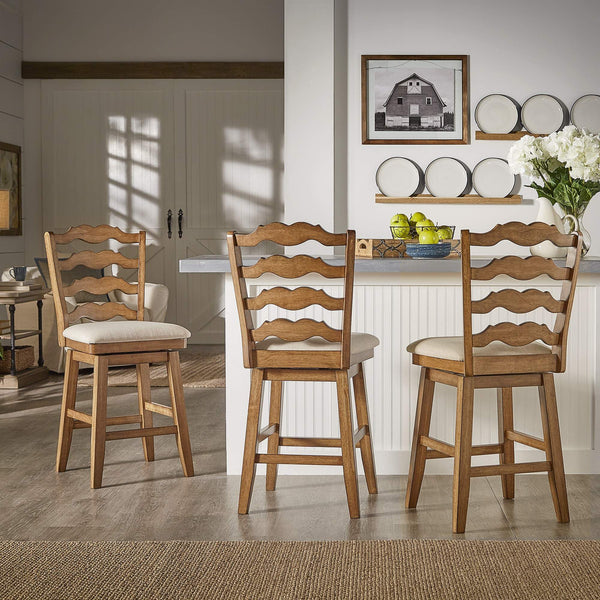 Lea Ladder Back Swivel Counterstool with Cushioned Seat and Rubberwood Frame