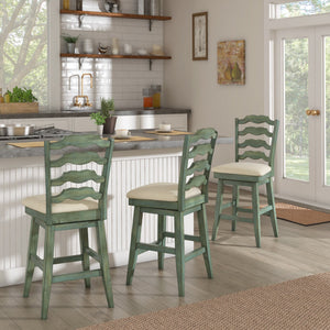 Lea Ladder Back Swivel Counterstool with Cushioned Seat and Rubberwood Frame