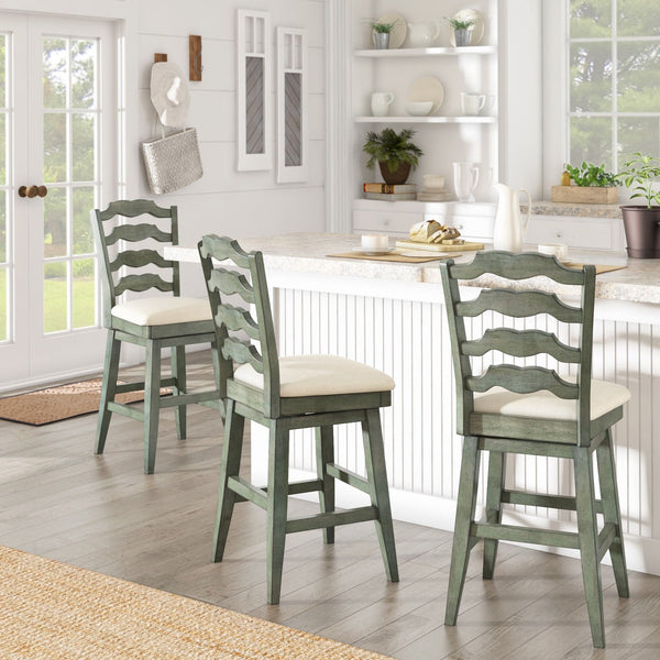 Lea Ladder Back Swivel Counterstool with Cushioned Seat and Rubberwood Frame