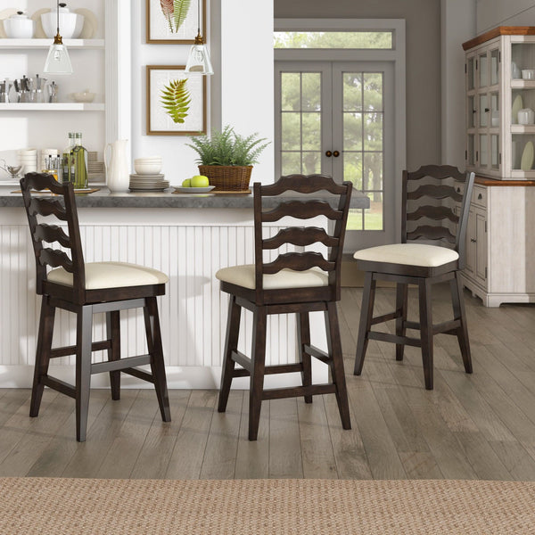 Lea Ladder Back Swivel Counterstool with Cushioned Seat and Rubberwood Frame