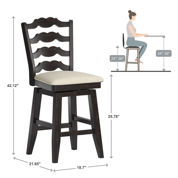 Lea Ladder Back Swivel Counterstool with Cushioned Seat and Rubberwood Frame
