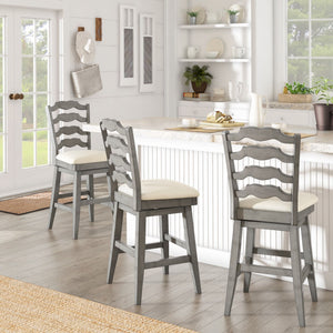 Lea Ladder Back Swivel Counterstool with Cushioned Seat and Rubberwood Frame