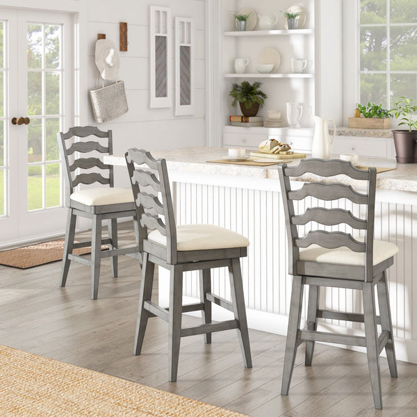 Lea Ladder Back Swivel Counterstool with Cushioned Seat and Rubberwood Frame