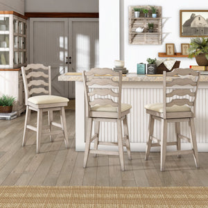 Lea Ladder Back Swivel Counterstool with Cushioned Seat and Rubberwood Frame