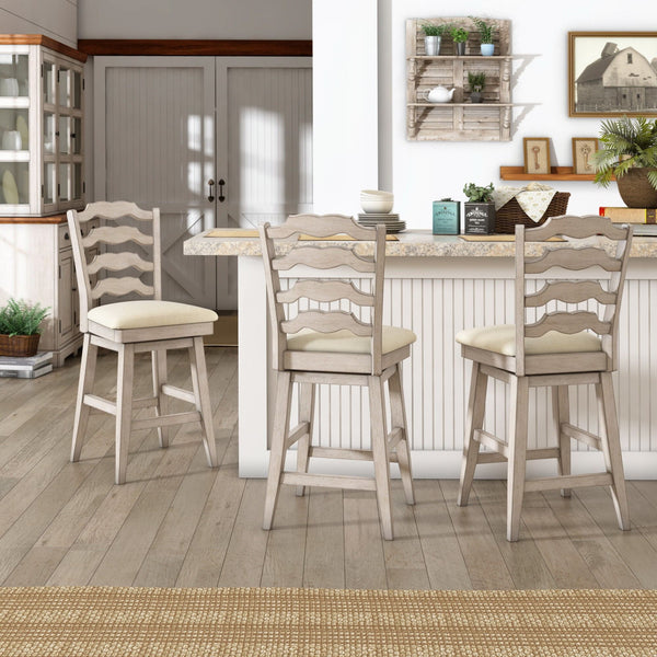Lea Ladder Back Swivel Counterstool with Cushioned Seat and Rubberwood Frame