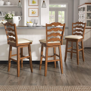 Lea Rubberwood Ladder Back Swivel Barstool with Padded Upholstered Foam Seat