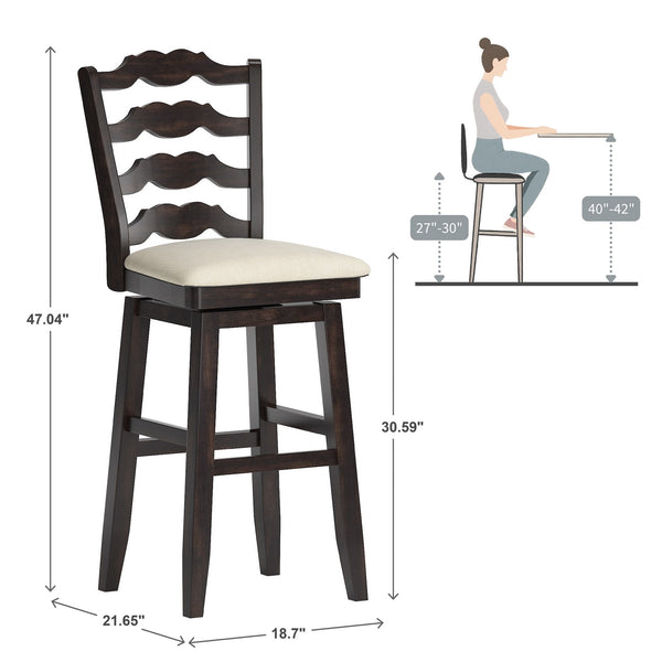 Lea Rubberwood Ladder Back Swivel Barstool with Padded Upholstered Foam Seat