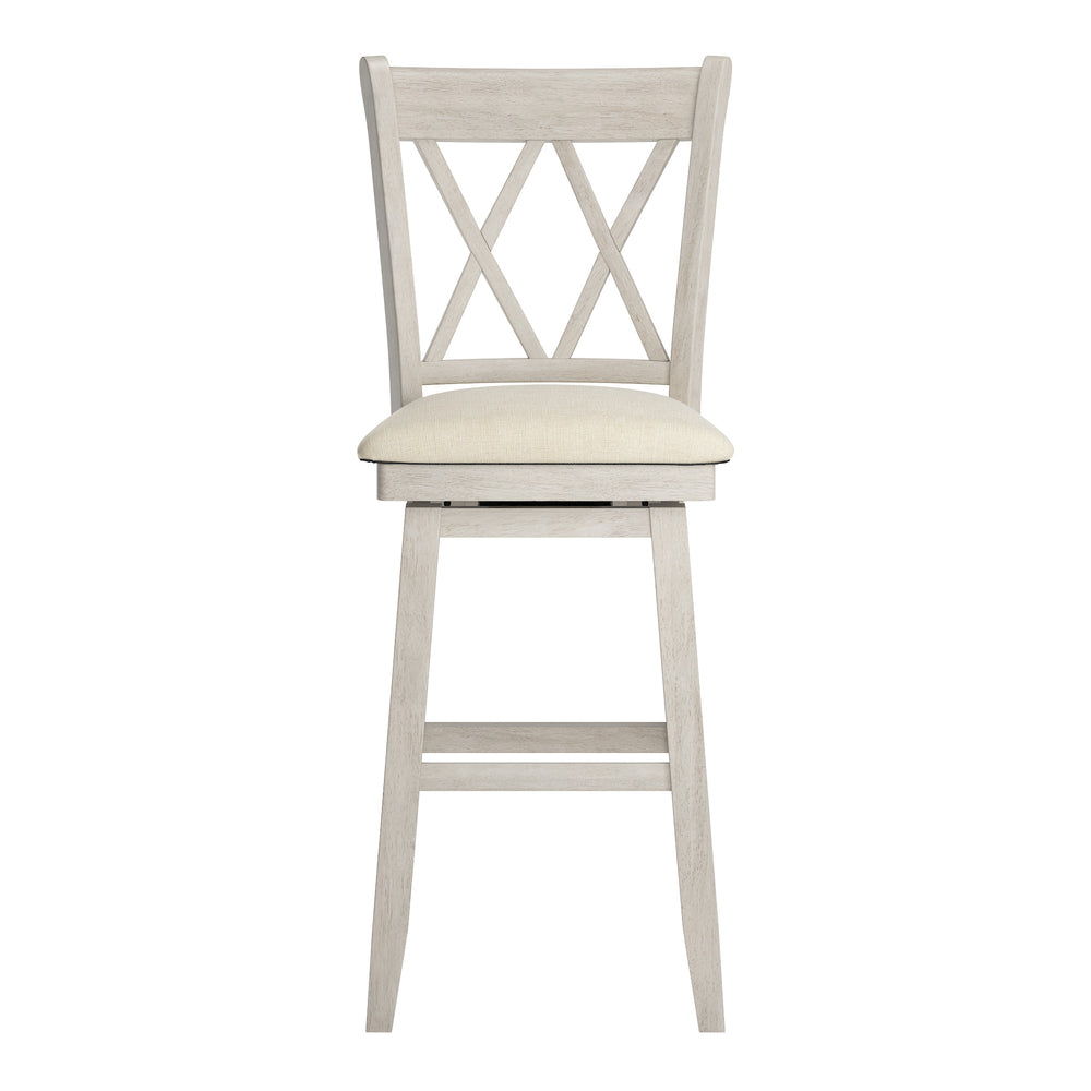 Homelegance Lea Swivel Barstool Solid Rubberwood Cross Back Padded Seat for Kitchen Islands Antique White / Beige 530SW3-29WH
