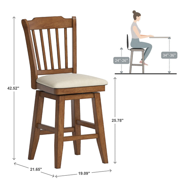 Lea Rubberwood Slat Back Swivel Counter Stool with Padded Seat and Footrest for Kitchen Islands