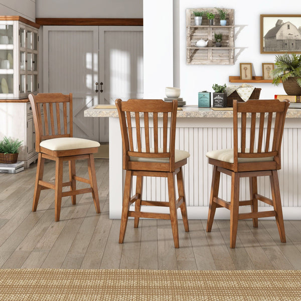 Lea Rubberwood Slat Back Swivel Counter Stool with Padded Seat and Footrest for Kitchen Islands